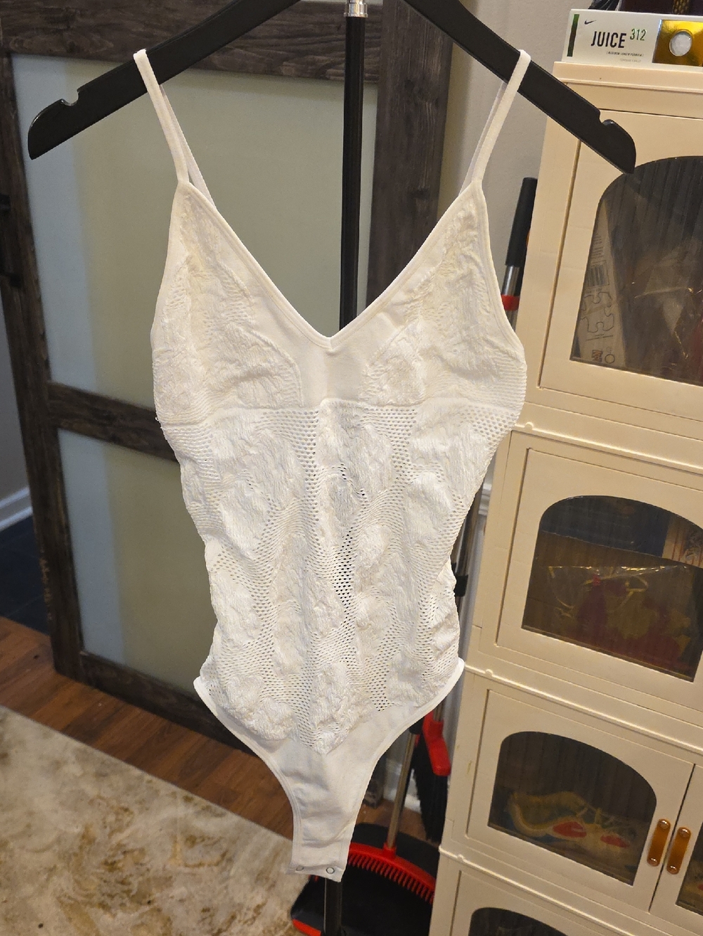 Aura White Lace Knit Bodysuit with V-Neck